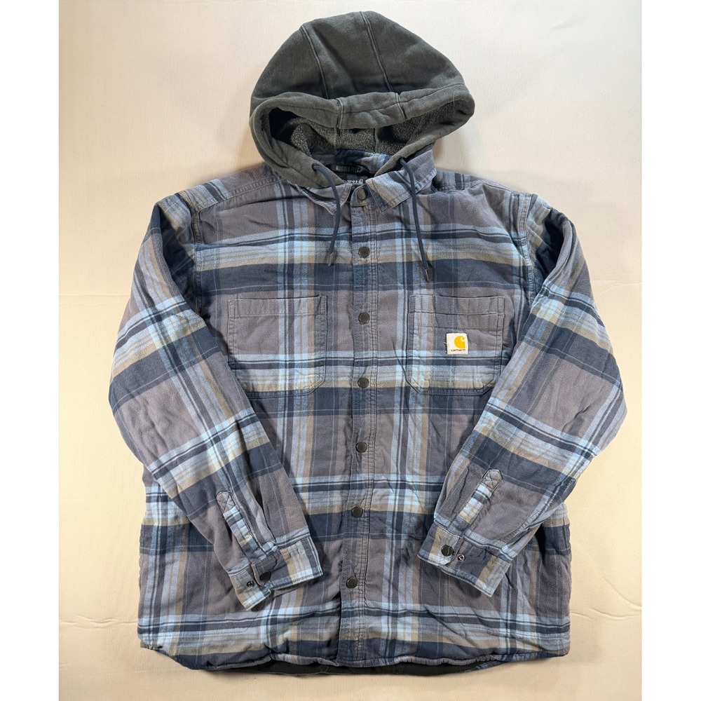 Carhartt Rugged Flex Plaid Fleece Lined Hooded Shirt Jacket Blue XL TJ5621-M